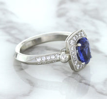 Load image into Gallery viewer, 1.56ct Oval Blue Sapphire Ring with Diamond Halo in Platinum