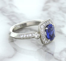 Load image into Gallery viewer, 1.56ct Oval Blue Sapphire Ring with Diamond Halo in Platinum