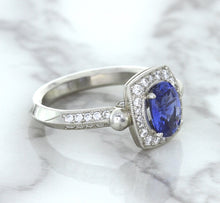 Load image into Gallery viewer, 1.56ct Oval Blue Sapphire Ring with Diamond Halo in Platinum