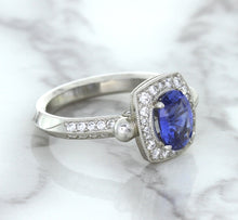 Load image into Gallery viewer, 1.56ct Oval Blue Sapphire Ring with Diamond Halo in Platinum