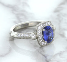 Load image into Gallery viewer, 1.56ct Oval Blue Sapphire Ring with Diamond Halo in Platinum