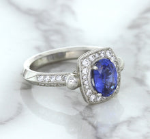 Load image into Gallery viewer, 1.56ct Oval Blue Sapphire Ring with Diamond Halo in Platinum