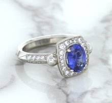Load image into Gallery viewer, 1.56ct Oval Blue Sapphire Ring with Diamond Halo in Platinum