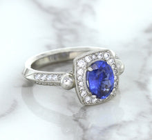 Load image into Gallery viewer, 1.56ct Oval Blue Sapphire Ring with Diamond Halo in Platinum