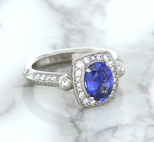 Load image into Gallery viewer, 1.56ct Oval Blue Sapphire Ring with Diamond Halo in Platinum