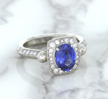 Load image into Gallery viewer, 1.56ct Oval Blue Sapphire Ring with Diamond Halo in Platinum