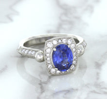 Load image into Gallery viewer, 1.56ct Oval Blue Sapphire Ring with Diamond Halo in Platinum