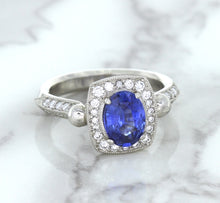 Load image into Gallery viewer, 1.56ct Oval Blue Sapphire Ring with Diamond Halo in Platinum