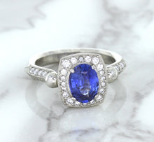 Load image into Gallery viewer, 1.56ct Oval Blue Sapphire Ring with Diamond Halo in Platinum