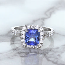 Load image into Gallery viewer, 1.74ct Radiant Blue Sapphire Ring with Diamond Halo in 18K White Gold