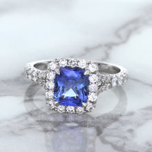 Load image into Gallery viewer, 1.74ct Radiant Blue Sapphire Ring with Diamond Halo in 18K White Gold