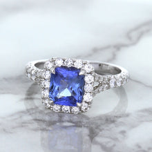 Load image into Gallery viewer, 1.74ct Radiant Blue Sapphire Ring with Diamond Halo in 18K White Gold