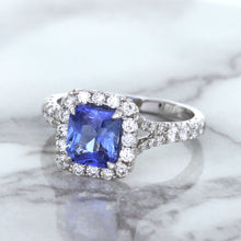 Load image into Gallery viewer, 1.74ct Radiant Blue Sapphire Ring with Diamond Halo in 18K White Gold