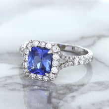 Load image into Gallery viewer, 1.74ct Radiant Blue Sapphire Ring with Diamond Halo in 18K White Gold