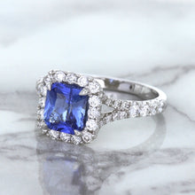 Load image into Gallery viewer, 1.74ct Radiant Blue Sapphire Ring with Diamond Halo in 18K White Gold