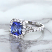 Load image into Gallery viewer, 1.74ct Radiant Blue Sapphire Ring with Diamond Halo in 18K White Gold