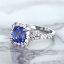 Load image into Gallery viewer, 1.74ct Radiant Blue Sapphire Ring with Diamond Halo in 18K White Gold