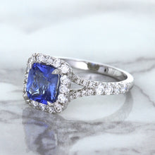 Load image into Gallery viewer, 1.74ct Radiant Blue Sapphire Ring with Diamond Halo in 18K White Gold