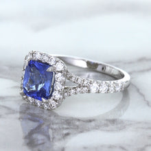 Load image into Gallery viewer, 1.74ct Radiant Blue Sapphire Ring with Diamond Halo in 18K White Gold