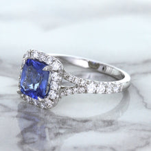 Load image into Gallery viewer, 1.74ct Radiant Blue Sapphire Ring with Diamond Halo in 18K White Gold