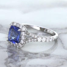Load image into Gallery viewer, 1.74ct Radiant Blue Sapphire Ring with Diamond Halo in 18K White Gold