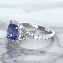 Load image into Gallery viewer, 1.74ct Radiant Blue Sapphire Ring with Diamond Halo in 18K White Gold