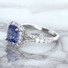 Load image into Gallery viewer, 1.74ct Radiant Blue Sapphire Ring with Diamond Halo in 18K White Gold