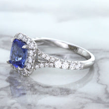Load image into Gallery viewer, 1.74ct Radiant Blue Sapphire Ring with Diamond Halo in 18K White Gold
