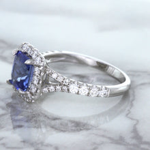 Load image into Gallery viewer, 1.74ct Radiant Blue Sapphire Ring with Diamond Halo in 18K White Gold