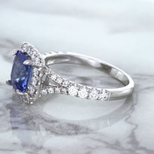 Load image into Gallery viewer, 1.74ct Radiant Blue Sapphire Ring with Diamond Halo in 18K White Gold