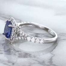 Load image into Gallery viewer, 1.74ct Radiant Blue Sapphire Ring with Diamond Halo in 18K White Gold