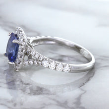 Load image into Gallery viewer, 1.74ct Radiant Blue Sapphire Ring with Diamond Halo in 18K White Gold