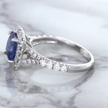 Load image into Gallery viewer, 1.74ct Radiant Blue Sapphire Ring with Diamond Halo in 18K White Gold