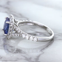 Load image into Gallery viewer, 1.74ct Radiant Blue Sapphire Ring with Diamond Halo in 18K White Gold