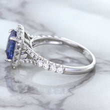 Load image into Gallery viewer, 1.74ct Radiant Blue Sapphire Ring with Diamond Halo in 18K White Gold