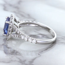 Load image into Gallery viewer, 1.74ct Radiant Blue Sapphire Ring with Diamond Halo in 18K White Gold
