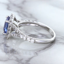 Load image into Gallery viewer, 1.74ct Radiant Blue Sapphire Ring with Diamond Halo in 18K White Gold