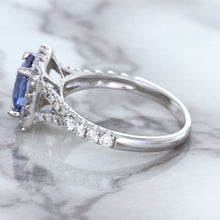 Load image into Gallery viewer, 1.74ct Radiant Blue Sapphire Ring with Diamond Halo in 18K White Gold
