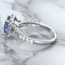 Load image into Gallery viewer, 1.74ct Radiant Blue Sapphire Ring with Diamond Halo in 18K White Gold