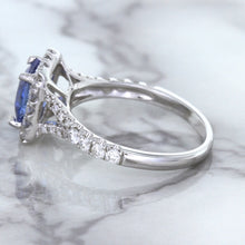 Load image into Gallery viewer, 1.74ct Radiant Blue Sapphire Ring with Diamond Halo in 18K White Gold