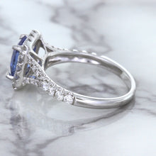 Load image into Gallery viewer, 1.74ct Radiant Blue Sapphire Ring with Diamond Halo in 18K White Gold