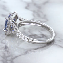 Load image into Gallery viewer, 1.74ct Radiant Blue Sapphire Ring with Diamond Halo in 18K White Gold