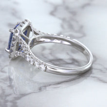 Load image into Gallery viewer, 1.74ct Radiant Blue Sapphire Ring with Diamond Halo in 18K White Gold