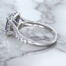 Load image into Gallery viewer, 1.74ct Radiant Blue Sapphire Ring with Diamond Halo in 18K White Gold