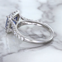 Load image into Gallery viewer, 1.74ct Radiant Blue Sapphire Ring with Diamond Halo in 18K White Gold