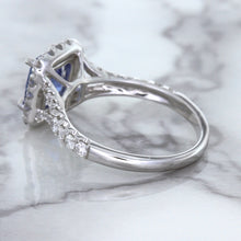 Load image into Gallery viewer, 1.74ct Radiant Blue Sapphire Ring with Diamond Halo in 18K White Gold