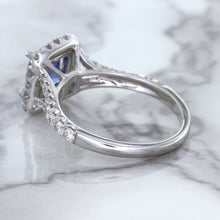 Load image into Gallery viewer, 1.74ct Radiant Blue Sapphire Ring with Diamond Halo in 18K White Gold