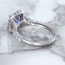 Load image into Gallery viewer, 1.74ct Radiant Blue Sapphire Ring with Diamond Halo in 18K White Gold
