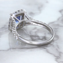 Load image into Gallery viewer, 1.74ct Radiant Blue Sapphire Ring with Diamond Halo in 18K White Gold