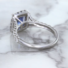 Load image into Gallery viewer, 1.74ct Radiant Blue Sapphire Ring with Diamond Halo in 18K White Gold